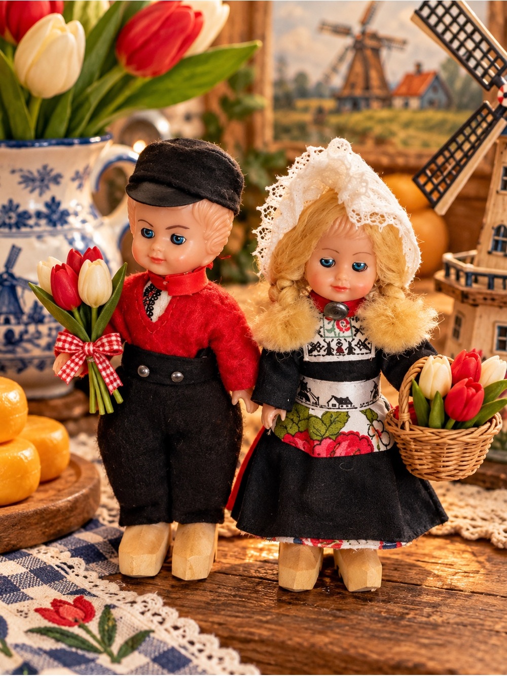 Vintage 5" Dutch Souvenir Dolls Pair Boy Girl Wooden Shoes Sleeping Eyes
